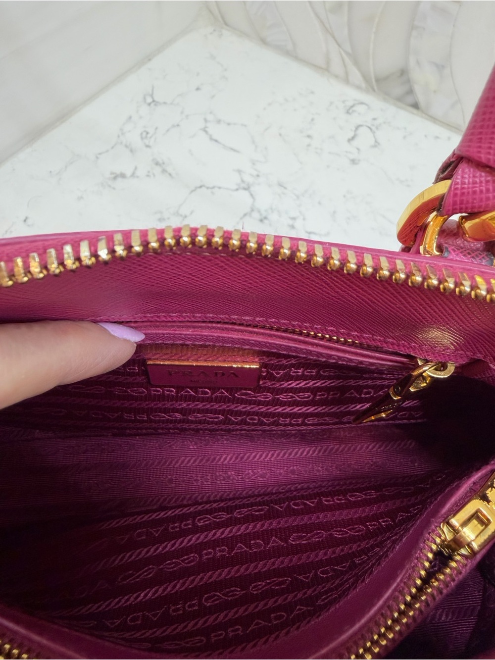 Prada Magenta Saffiano Mini Pyramid Bag with Gold Hardware. Excellent pre-loved. - Picture 9 of 15